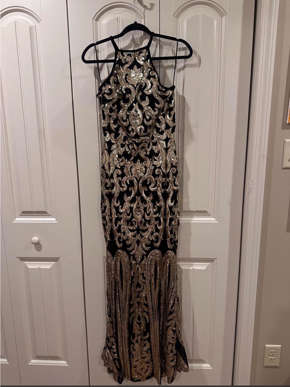 Black and Gold Sequin Halter Evening Gown